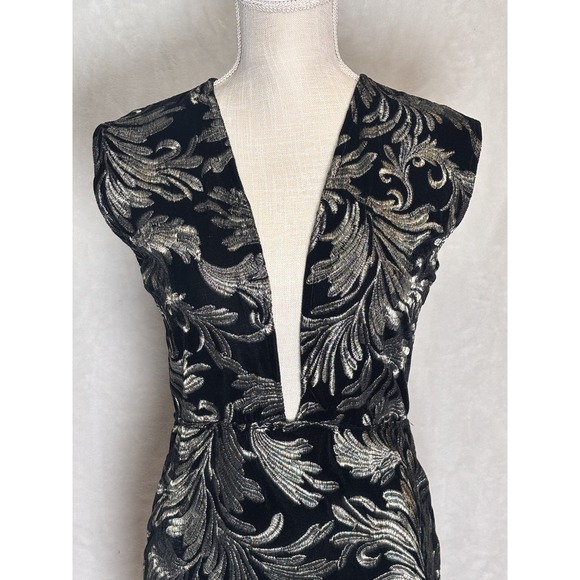 Fashion Nova Black Gold Embroidered Bodycon Midi Dress Plunge Neck Size L - Picture 9 of 10